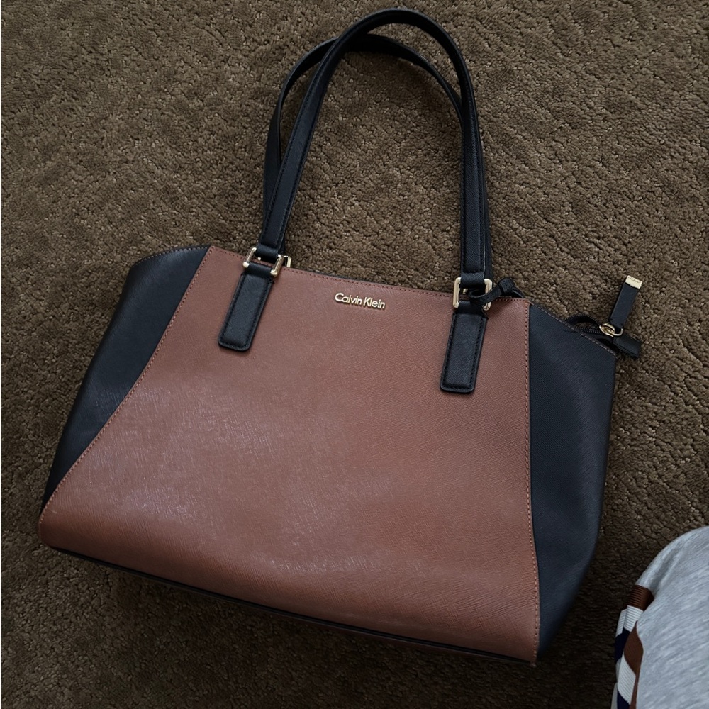 Calvin Klein Brown and Black Two-Tone Leather Tote